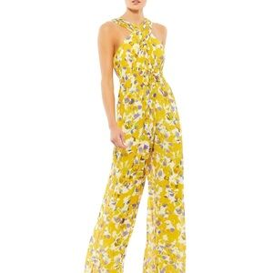Ieena for Mac Duggal Yellow Multi Color Floral Print Halter Jumpsuit Size 10